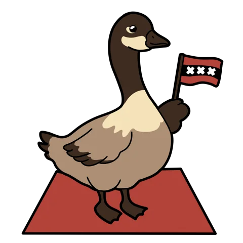 Gansgelijk mascotte: een gans op een rode mat met de Amsterdamse vlag